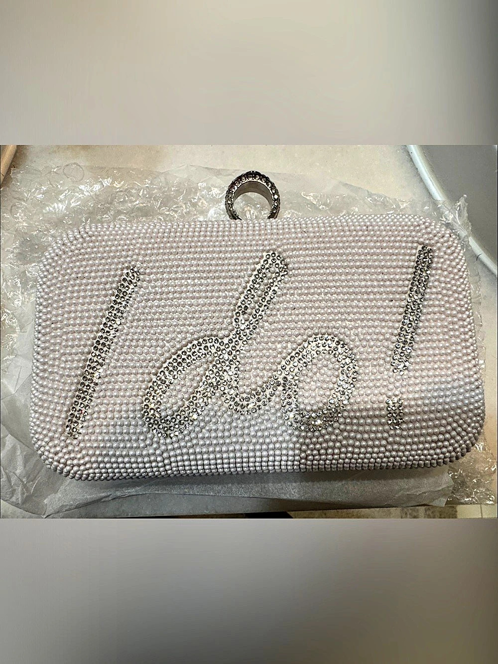 I Do! Beaded Clutch in white and silver